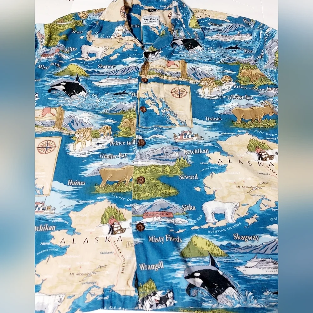 David Carey Originals Alaska Map Hawaiian Shirt‎ Men’s XL Blue Wildlife Print